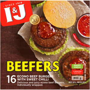 I&J Beefers Sweet Chilli Frozen Econo Beef Burgers 800g