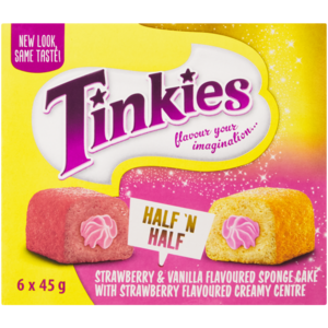 Tinkies Half & Half Strawberry & Vanilla Flavoured Sponge Cakes 6 x 45g